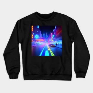 Ai Generated Art Scenery - Futuristic City Street With Shops And Neon Lighting Crewneck Sweatshirt